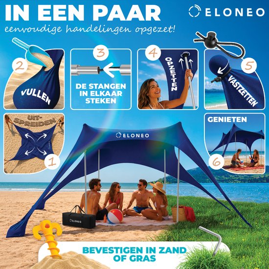 ELONEO Strandtent met Zonnedoek - UV-bescherming UPF 50+, Windscherm, Strandaccessoires & Camping, Blauw 300x300x200 cm van ELONEO — afbeelding 5