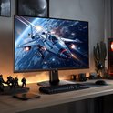 Een gaming monitor die een zilverkleurig ruimteschip toont dat boven een blauwe planeet vliegt.