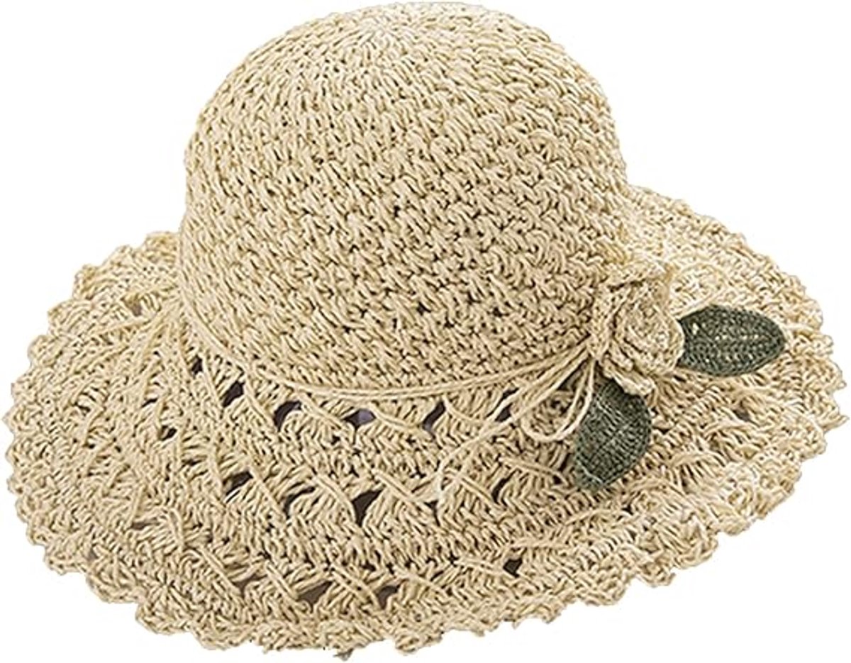 LISM-Dameshoed van stro Geschikt voor op het strand, opvouwbare zonhoed, geweven zonnehoed met bloemenmotief, hoed met brede rand, opvouwbare vissershoed (Geschikt voor een hoofdomtrek van 56-58 cm).