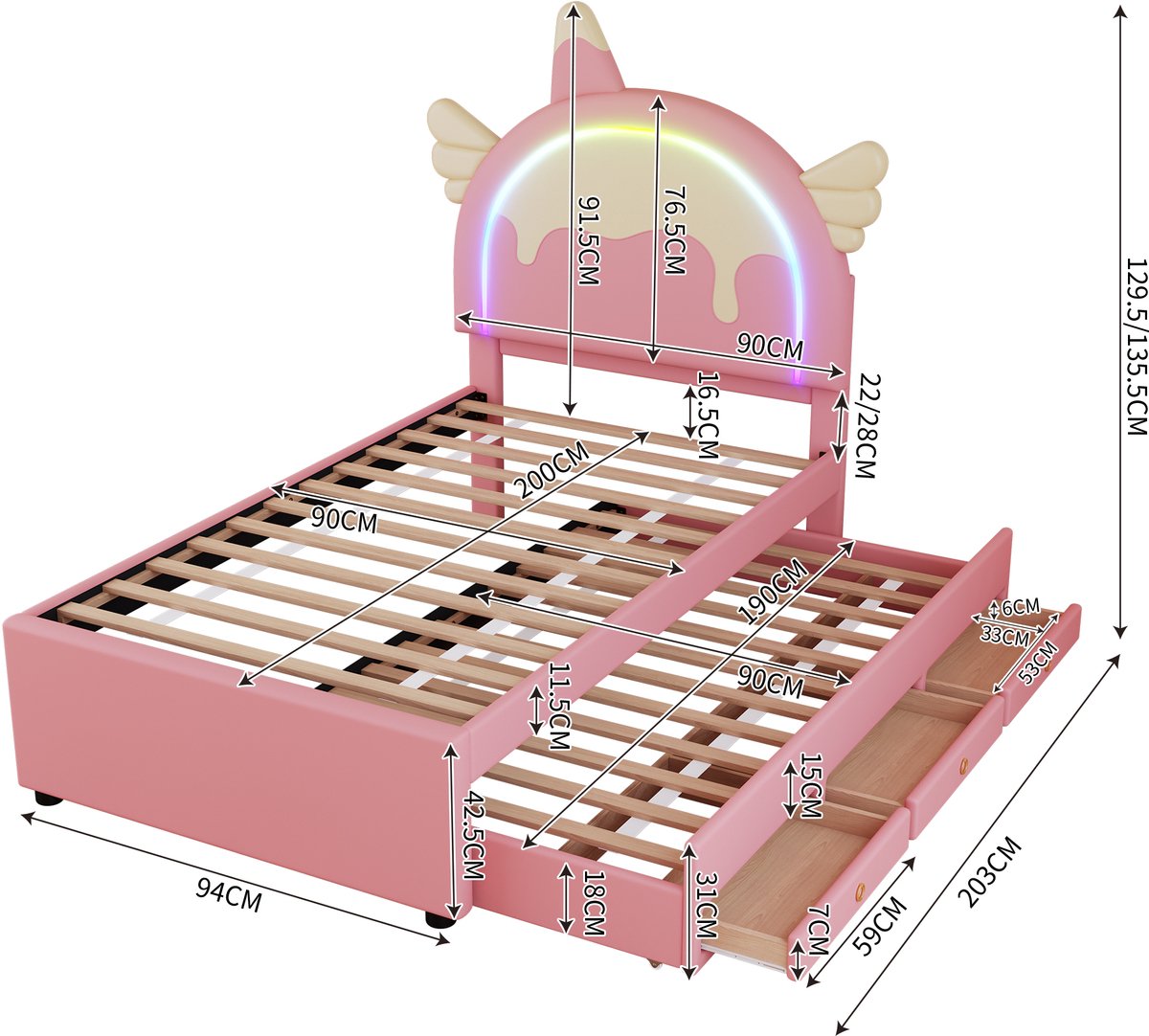 Eenhoorn kinderbed met uitschuifbed en lades - voor meisjeskamer en tienerkamer - 90x200 cm - Roze - Zachte PU-bekleding met cartoonontwerp - Inclusief 12 latten - 150 kg belastbaar — cadeau in Cadeau-ideeën - foto 3