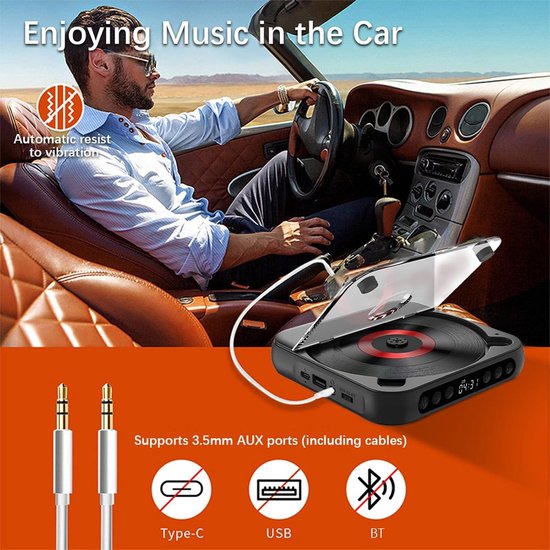Draagbare Bluetooth cd-speler, cd-speler met stofkap, Inclusief hoofdtelefoon - 6 modi - AB-herhaaltimer - Afstandsbediening - Externe afspeelfunctie — afbeelding 3