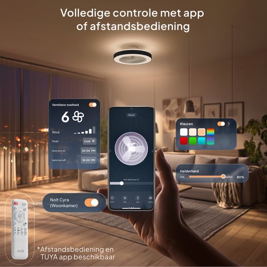 Moderne plafondventilator met verlichting, bediend via smartphone app en afstandsbediening. Diverse instellingen voor snelheid, kleur en helderheid.