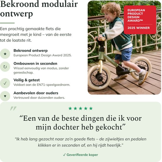 Een jongen rijdt op een Kidcruiser loopfiets, met een 'European Product Design Award 2025 Winner' sticker.