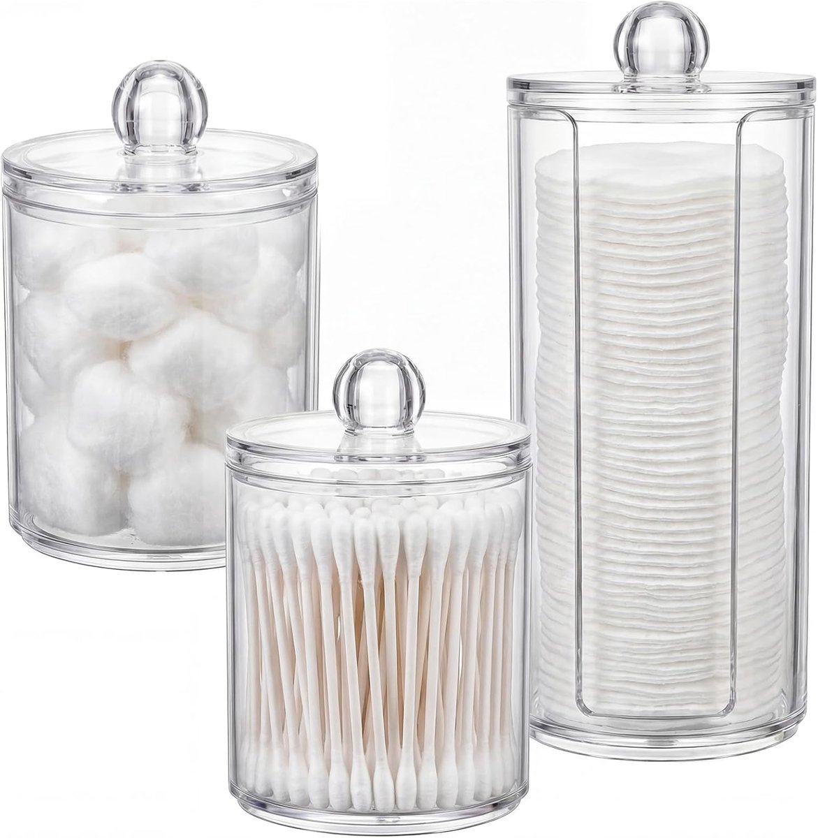 Set van 3 transparante opbergdozen voor wattenstaafjes, houder, wattenschijfjes, opslag en make-uptafel, organizer, acryl houder met deksel voor badkamer, decoratie, stofbescherming en