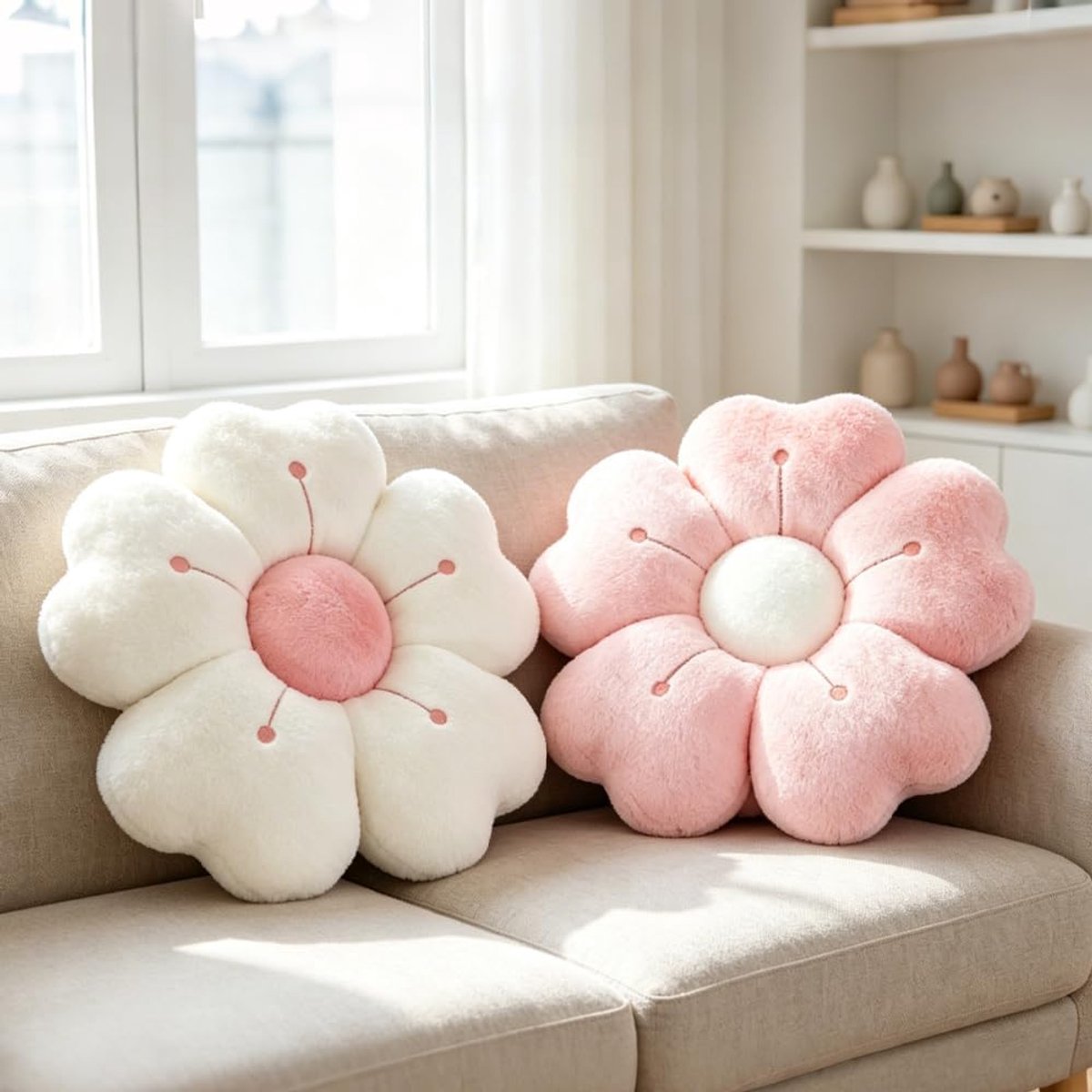 2 stuks, 35 cm, vloerkussen, zacht bloemenkussen, bloemenvorm, tatami, zitkussen, schattig madeliefje, kussen voor kamer, slaapkamer, bank, stoel, auto, thuis (wit + roze)