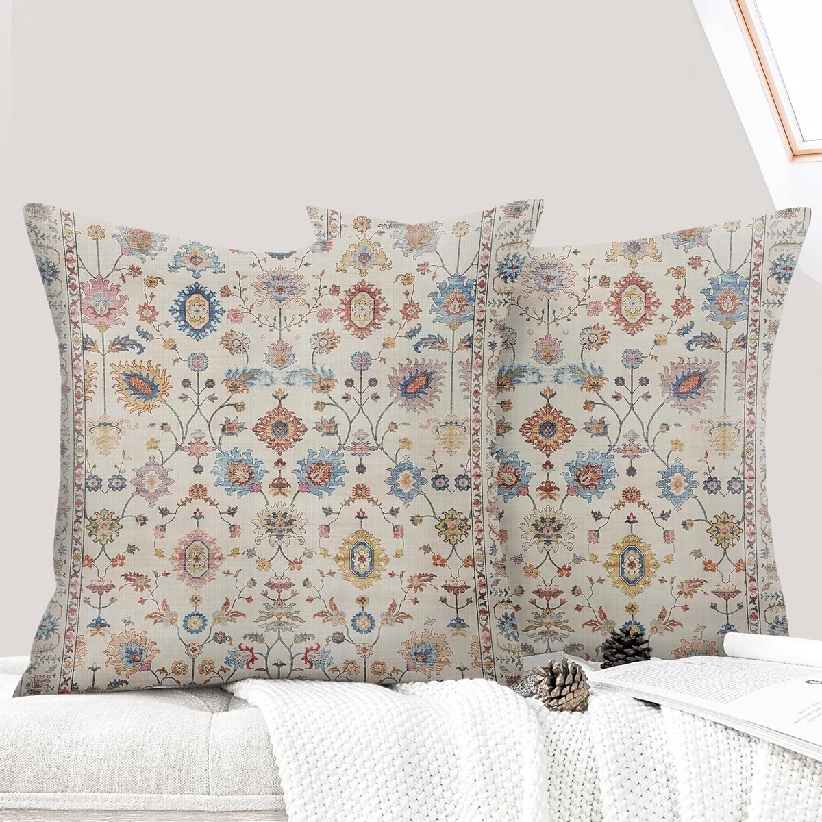 Set van 2 Boho kussenslopen, 40 x 40 cm, Boheemse bloemen decoratieve kussensloop, vlas, 16 x 16 inch, dubbelzijdige print, decoratieve kussenbezug voor woonkamer, bank, slaapkamer - Bloemig
