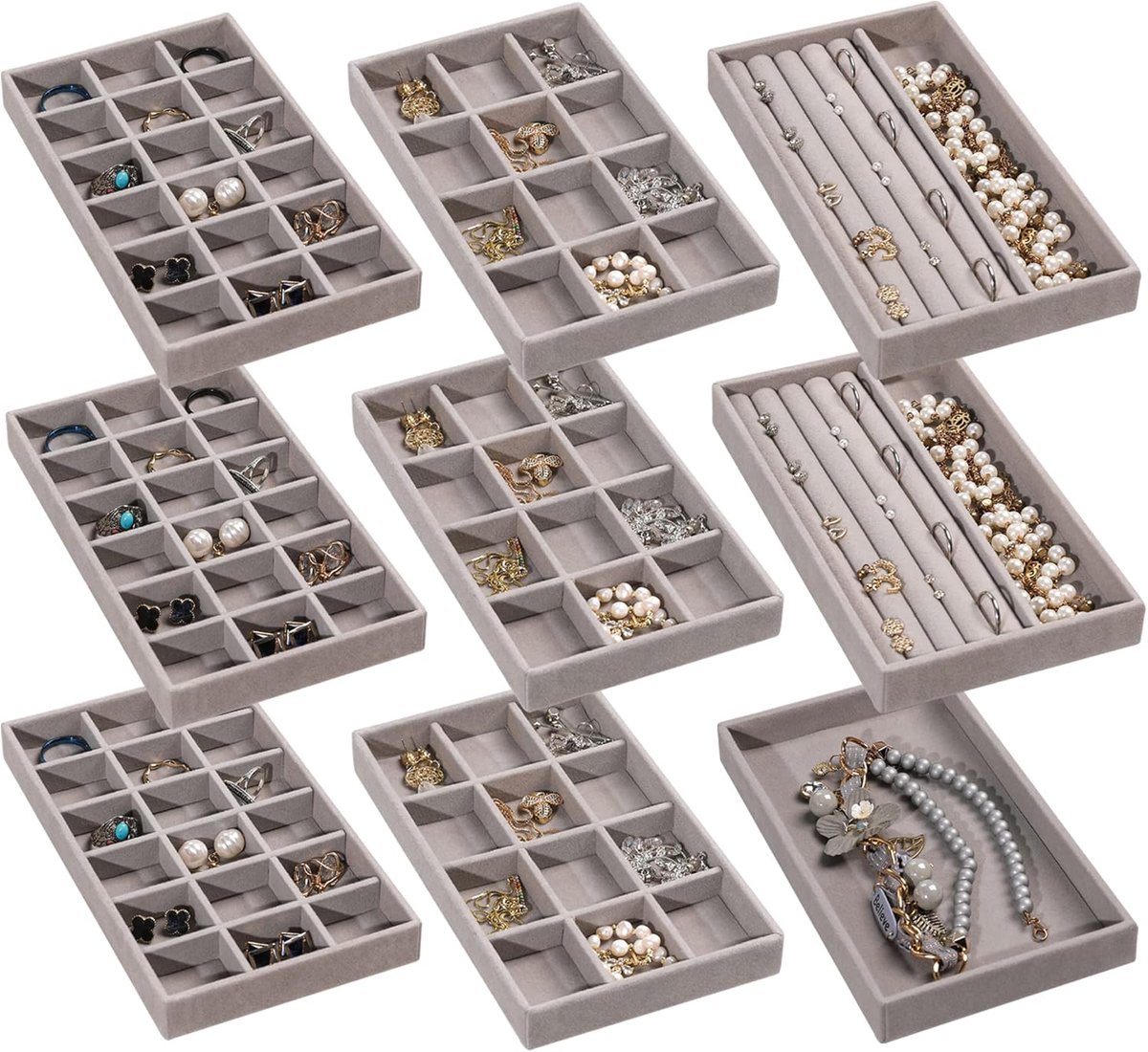 Sieradendienblad voor dames, stapelbaar, fluweel, lade-inzetstuk, oorbelorganizer, presentatiestandaard voor ringen, halskettingen, oorbellen, 9-delige set, grijs