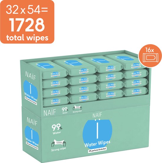 Doos met 32 verpakkingen Naïf water billendoekjes, elk met 54 doekjes. Totaal 1728 doekjes. Mintgroen met blauw logo.