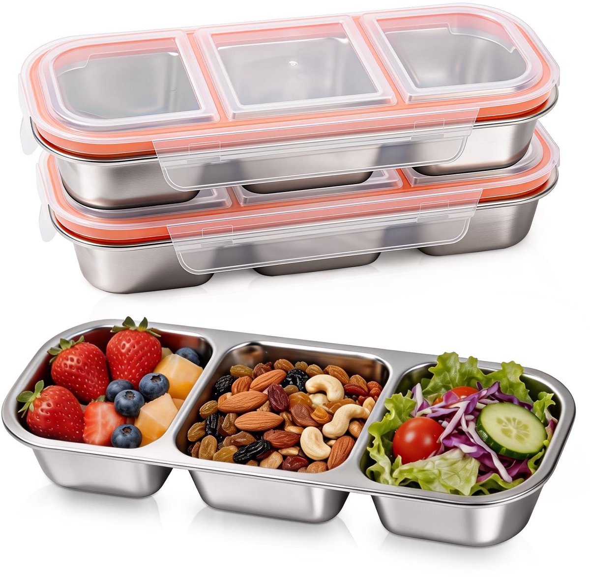 Omgoods - 3 Compartimenten Roestvrijstalen Snackcontainers Set van 3