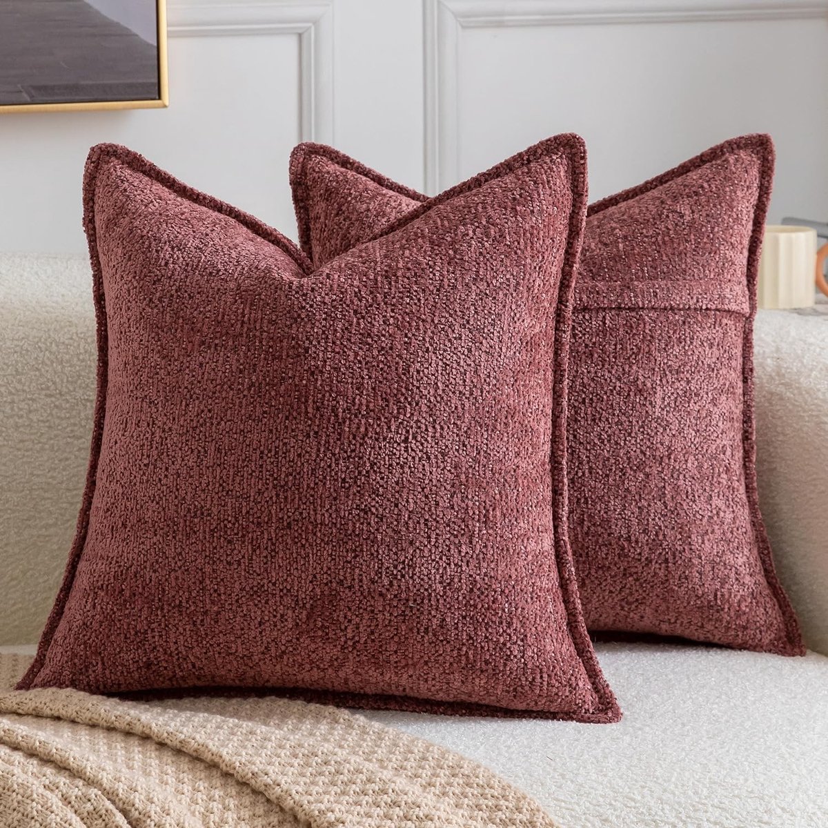 Omgoods - Set van 2 Chenille Kussenhoezen 50 x 50 cm Bordeau