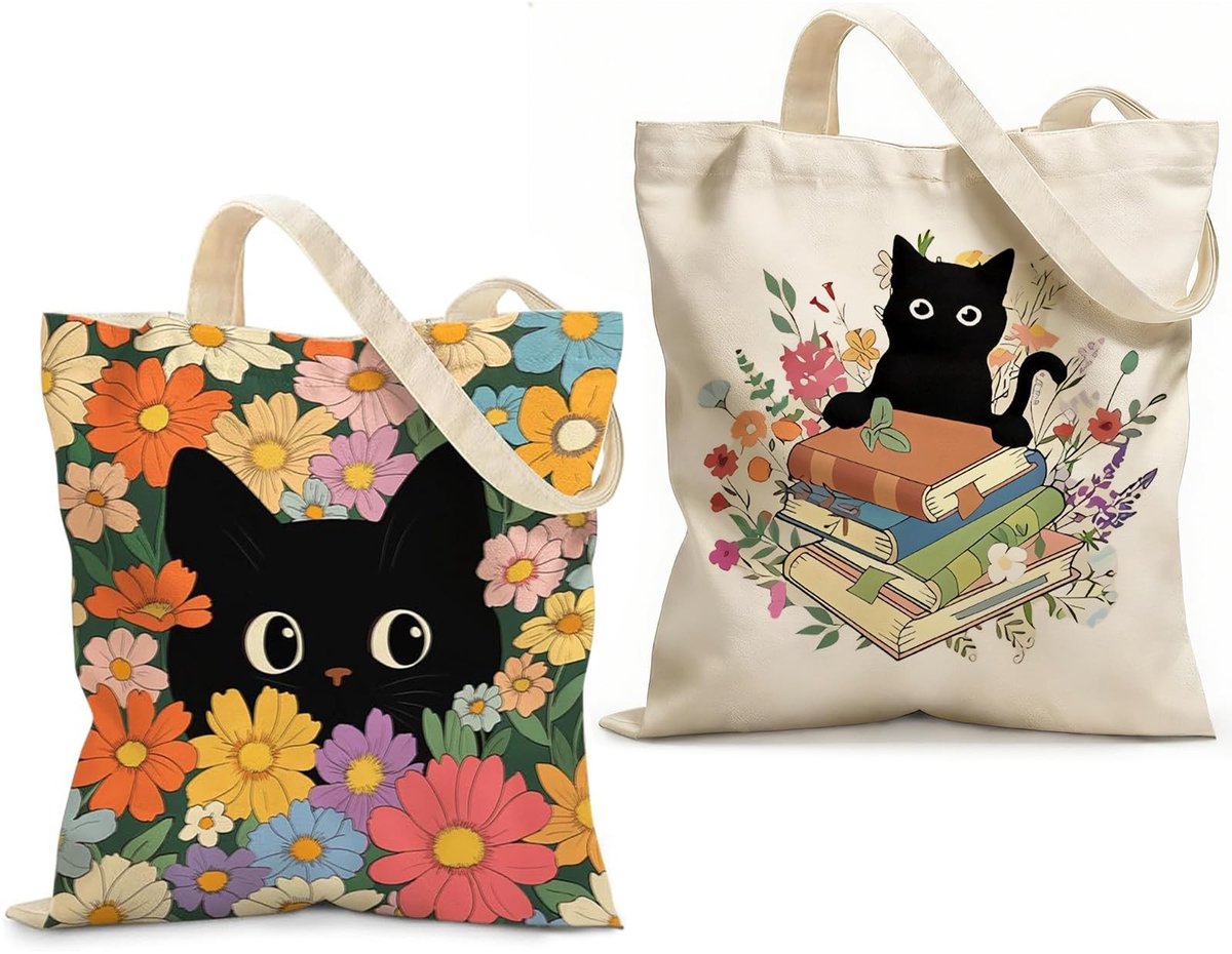 Omgoods - Set van 2 Bedrukte Canvas Tassen met Zwarte Katten