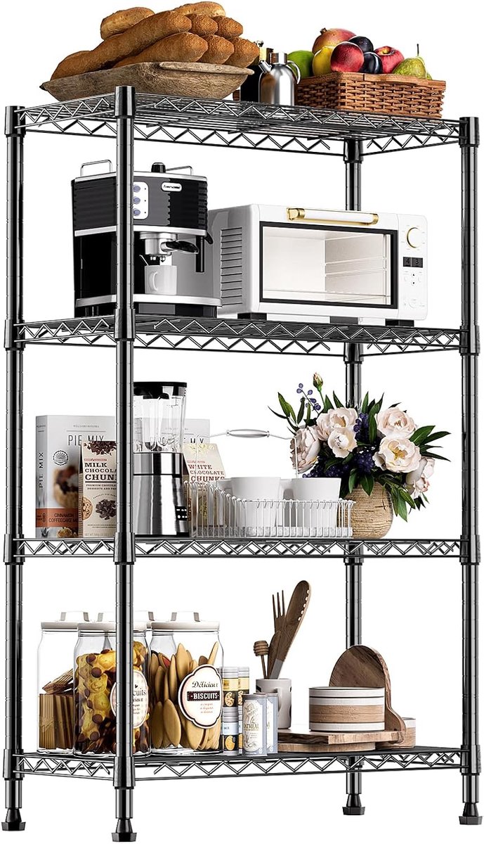 SnelShoppen - Metalen Opbergrek met Verstelbare Planken, 4-Laags Stellingkast voor Keuken, Berging, Wasruimte en Garage, Vrijstaand Draadrek 35x60x135