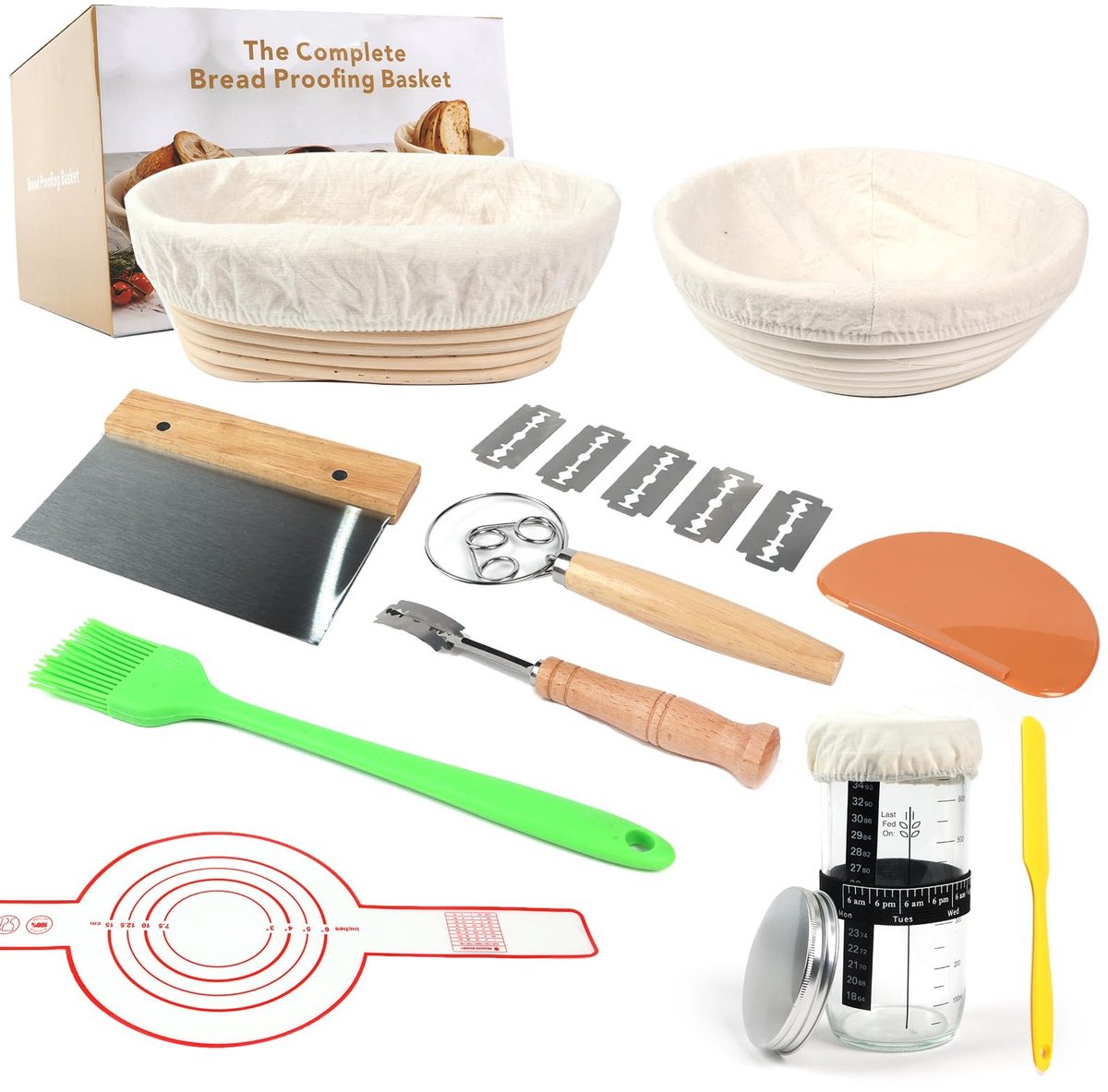 Omgoods- Zuurdesem Starter Kit - Ronde/Ovale Zuurdesem Proving Mand - 100% Natuurlijke Rotan - 600 ml Zuurdesem Starter Pot - Brood Lame - Deeg Garde/Schrapers/Borstel - Broodbakset