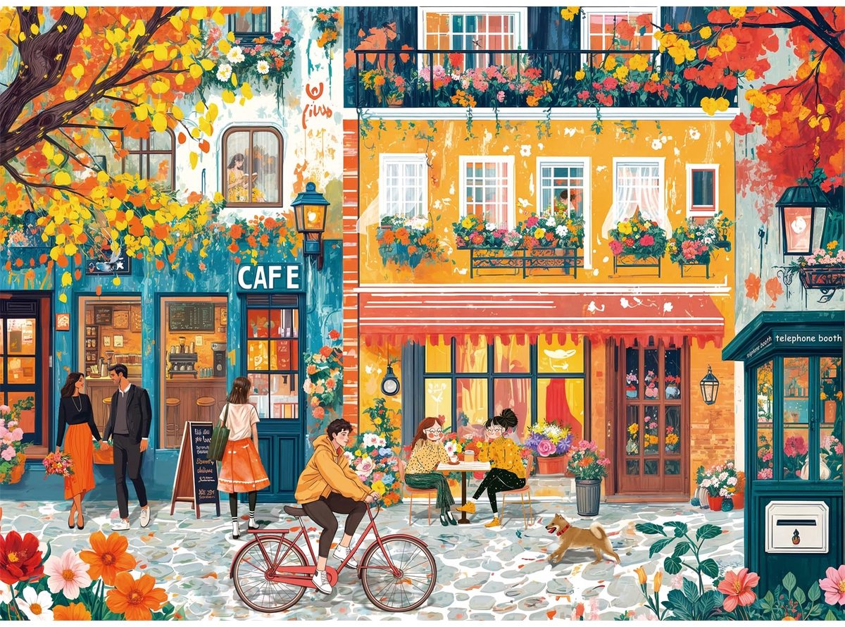 Omgoods - 500 Stuk Puzzel, Romantische Straat Illustratie voor Volwassenen