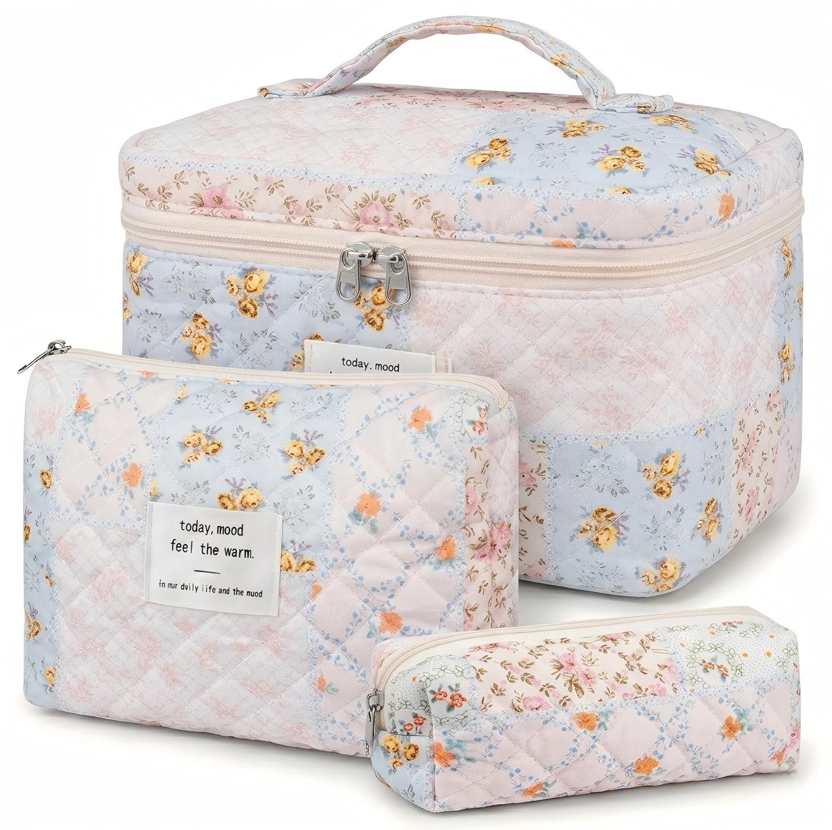 Omgoods- Cosmetische Tas - 3-delige Set - Toilettas met Bloemenpatroon - Draagbare Make-uptas - Organizer voor Reizen - Groot 25x16x16 cm