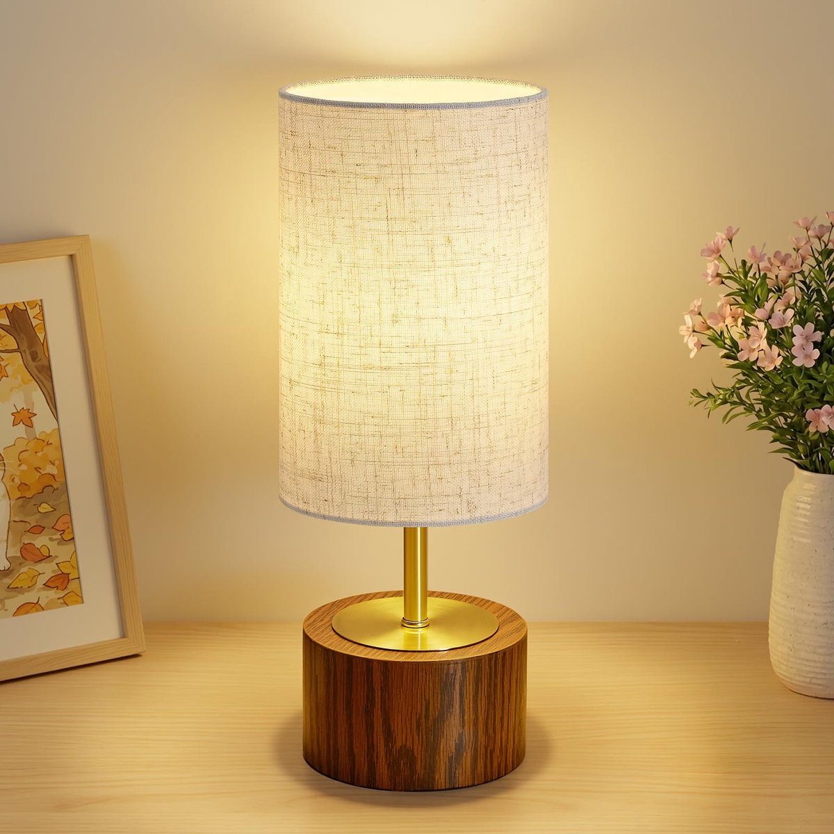 Omgoods - Tafel Lamp met Houten Basis en Linnen Wit Lampenkap