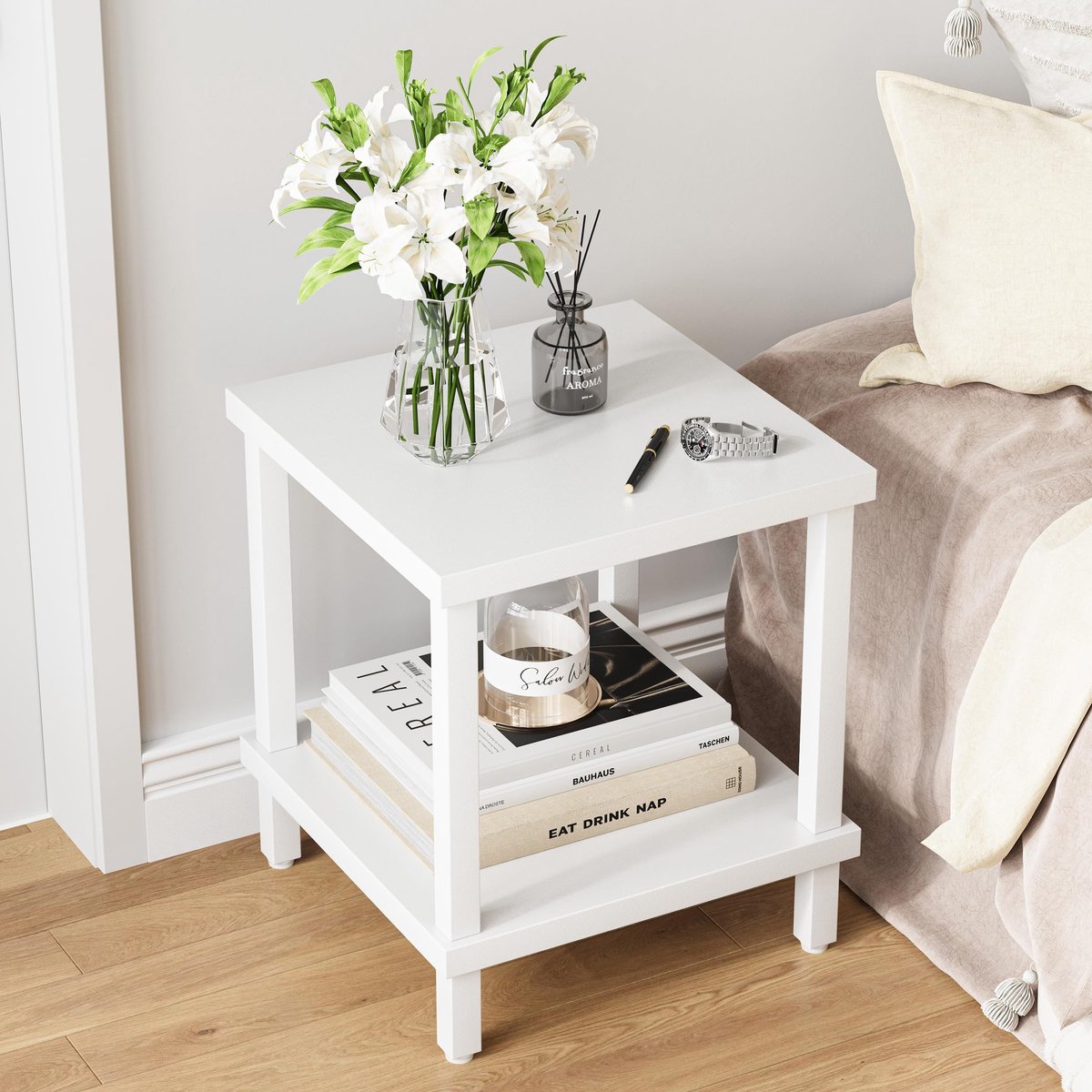 Omgoods - Smalle Witte Bijzettafel met 2 Niveaus 50x50x58cm