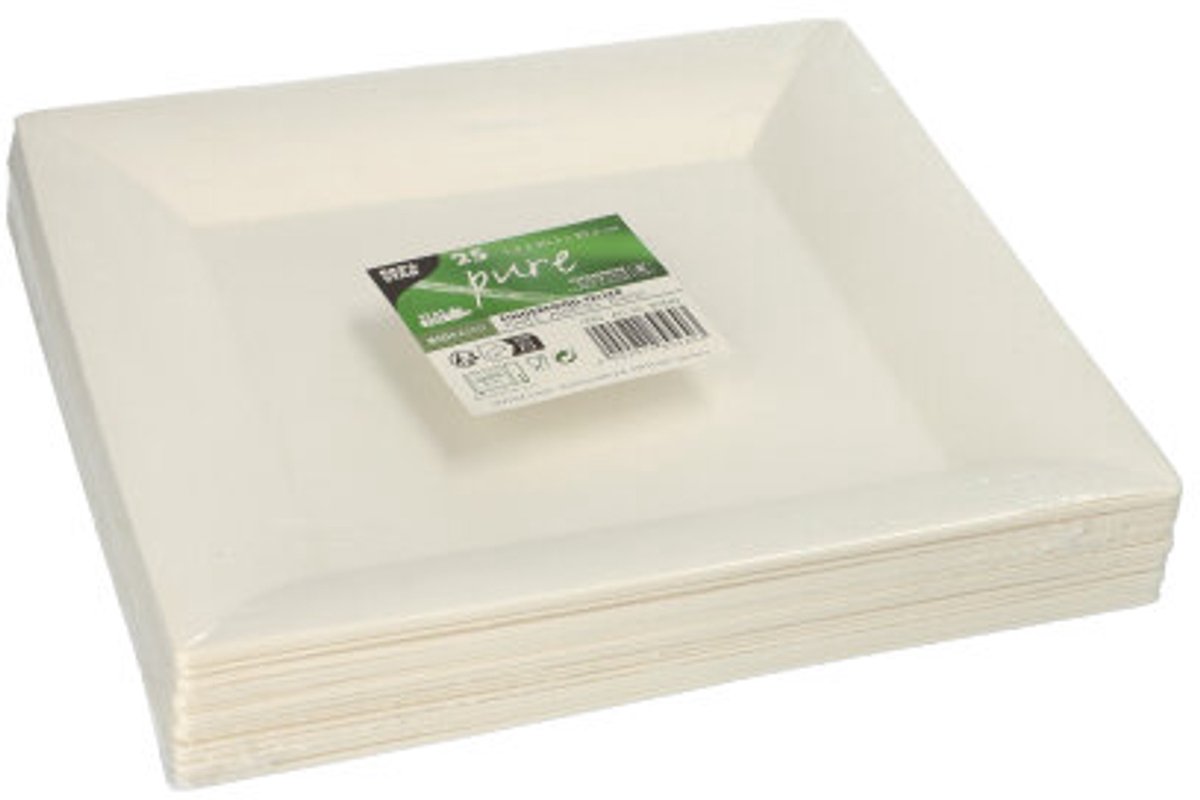 10x 25 Fingerfood-bord suikerriet pure hoekig 15 cm x 203 cm x 203 cm wit