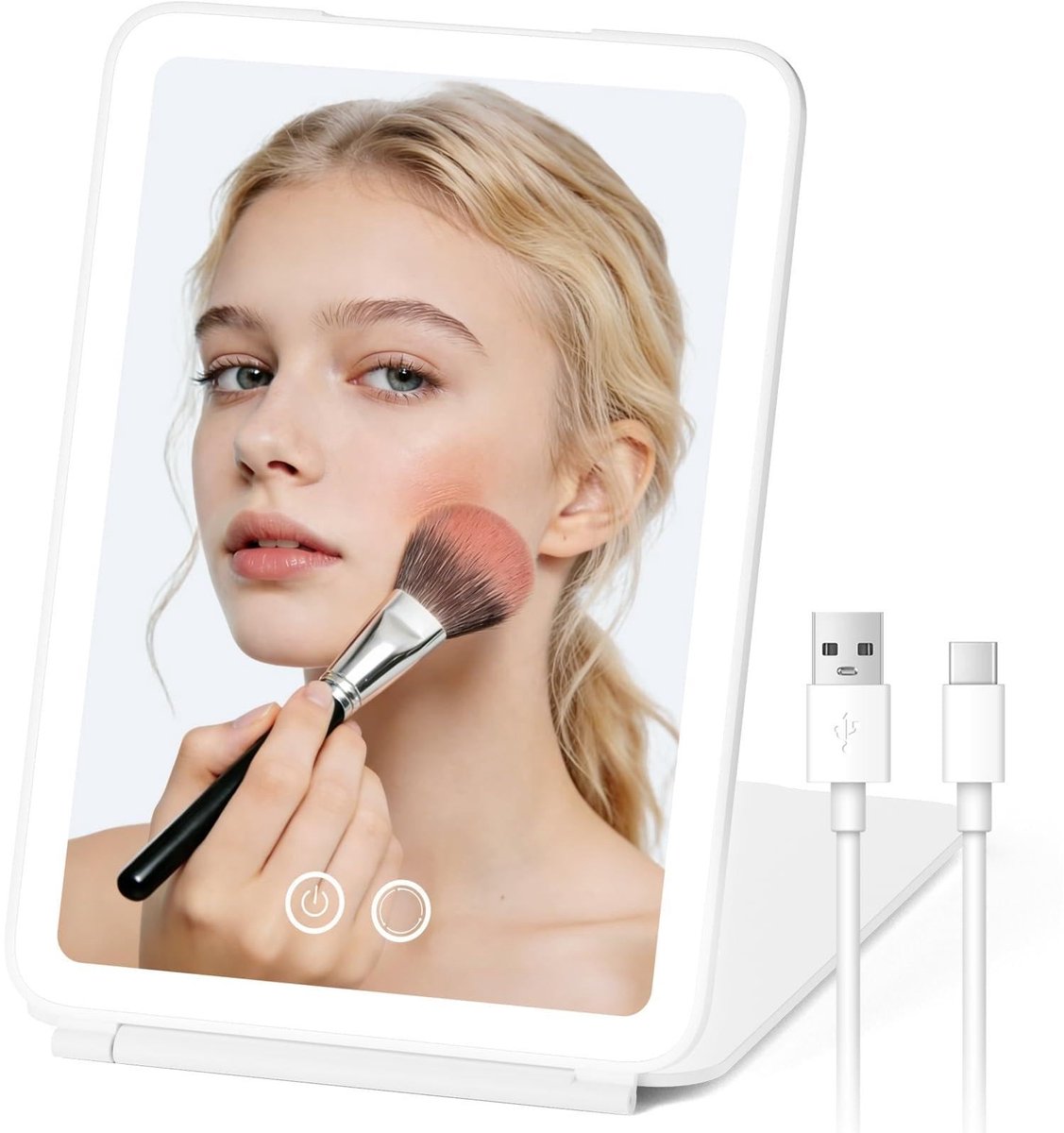 Omgoods - Draagbare Make-up Spiegel met LED Licht - Oplaadbare Tafelspiegel met Touch Bediening