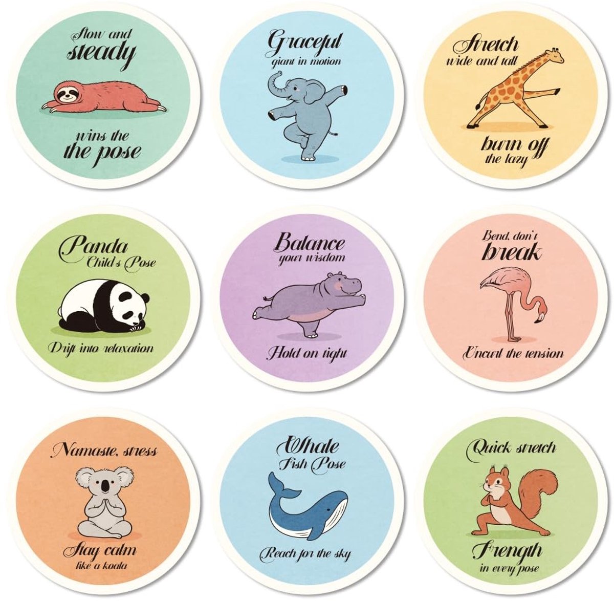 Omgoods - Set van 9 Houten Coasters met Dieren Yoga Motief