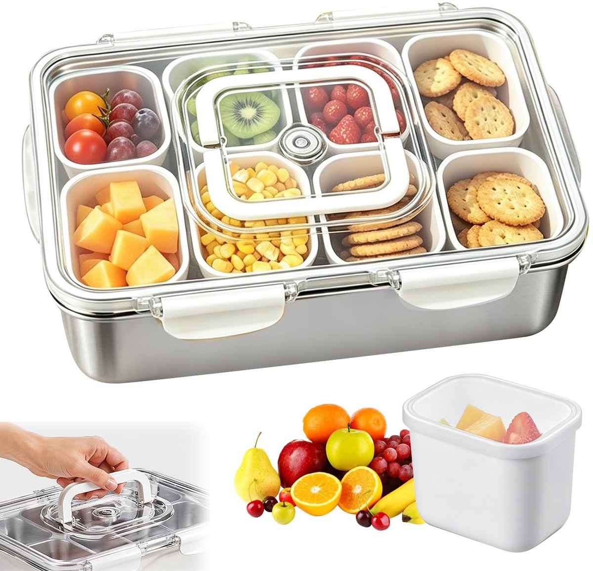 Omgoods - RVS Snackbox met 8 Compartimenten en Deksel, Vaatwasmachinebestendig