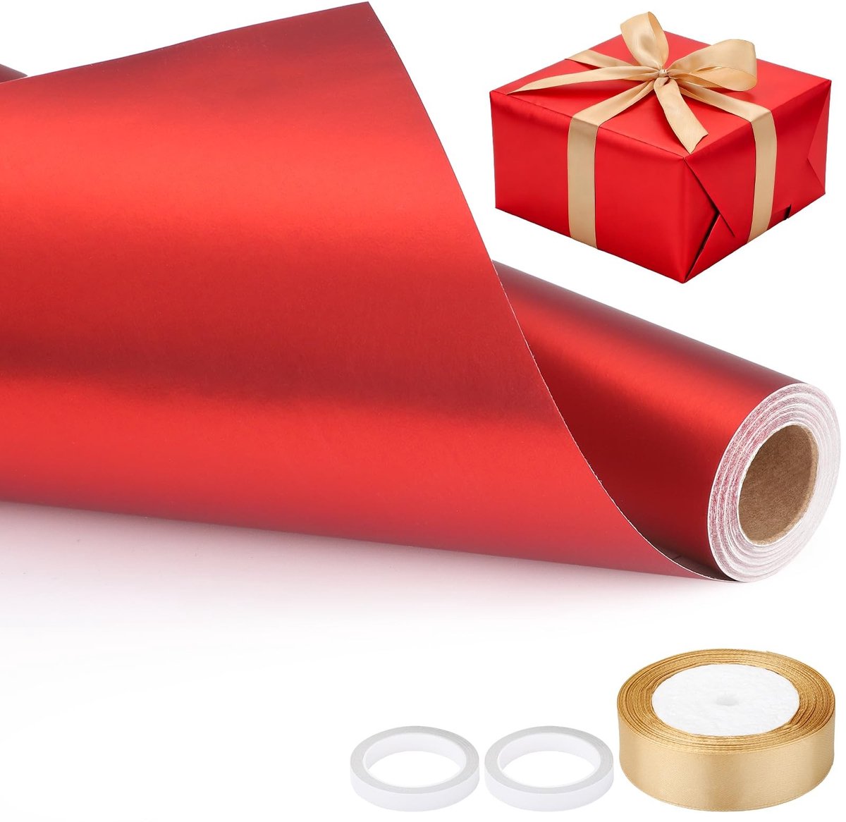 Omgoods - Set van 1 Rol Rood Cadeaupapier met Dubbelzijdige Tape en Ribbon