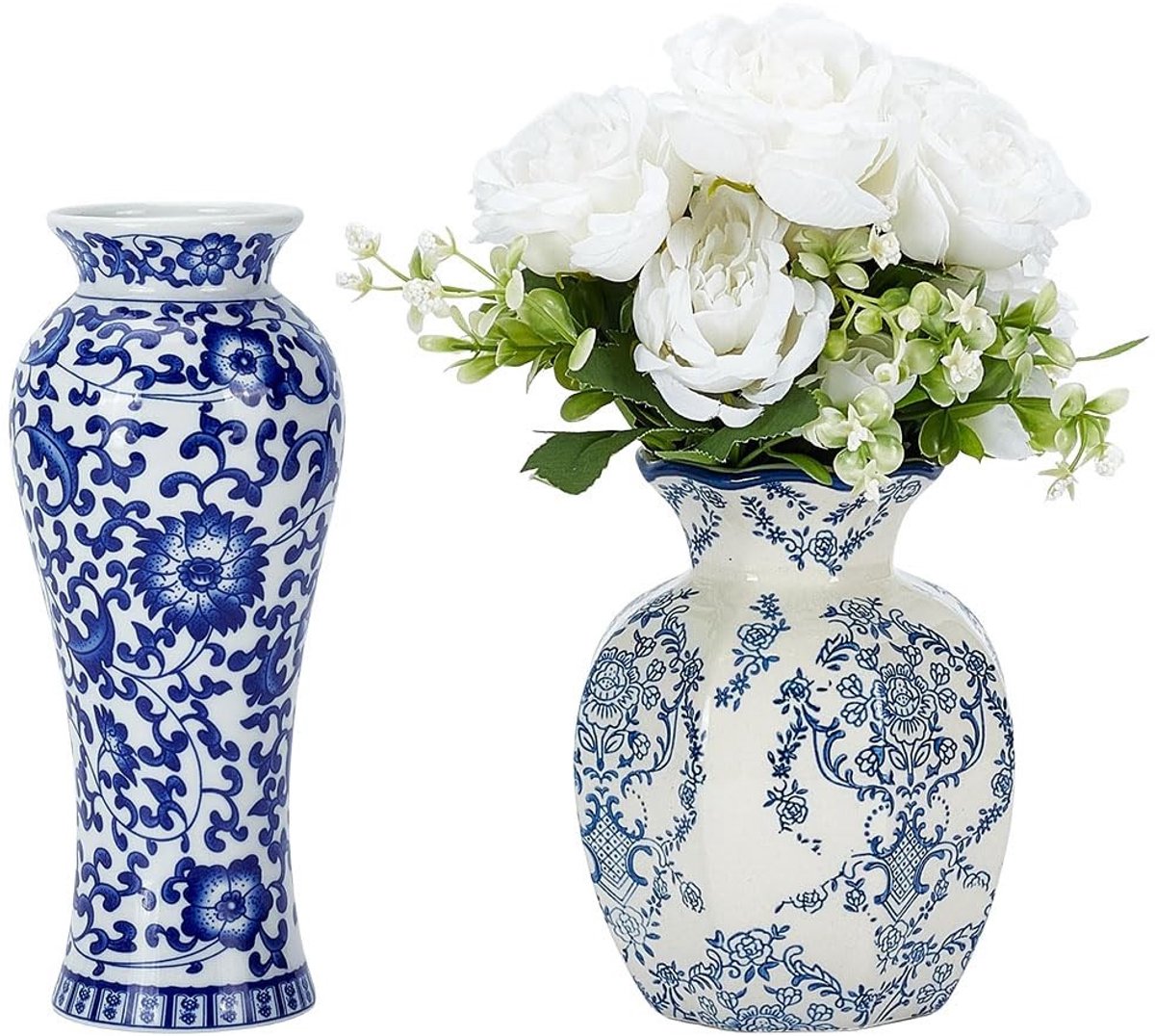 Omgoods - Set van 2 Porseleinen Vazen in Blauw en Wit voor Woondecoratie