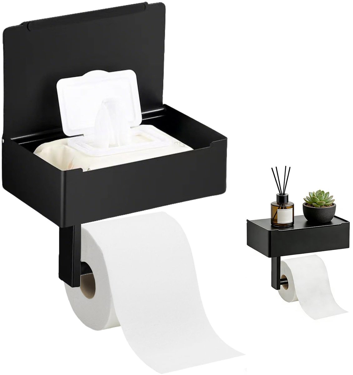 Omgoods - Toiletpapierhouder van RVS, Zelfklevend of Muurbevestiging, Zwart