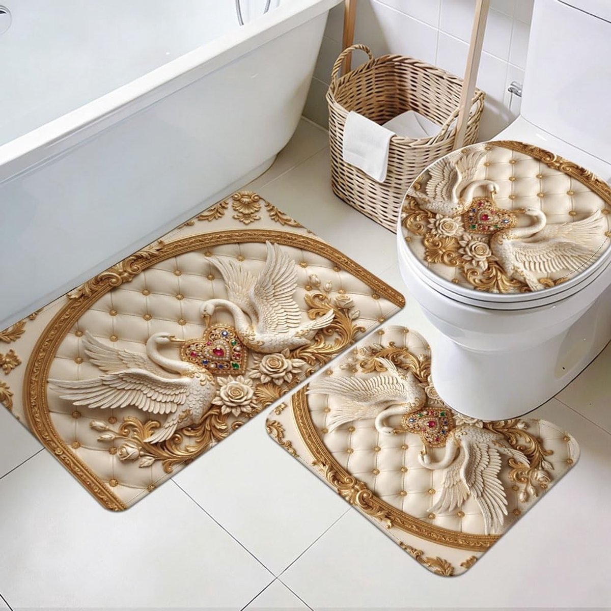 Omgoods - Luxe Waterabsorberende Badmat Set van 3 met Antislip en Zacht Zwanendeksel
