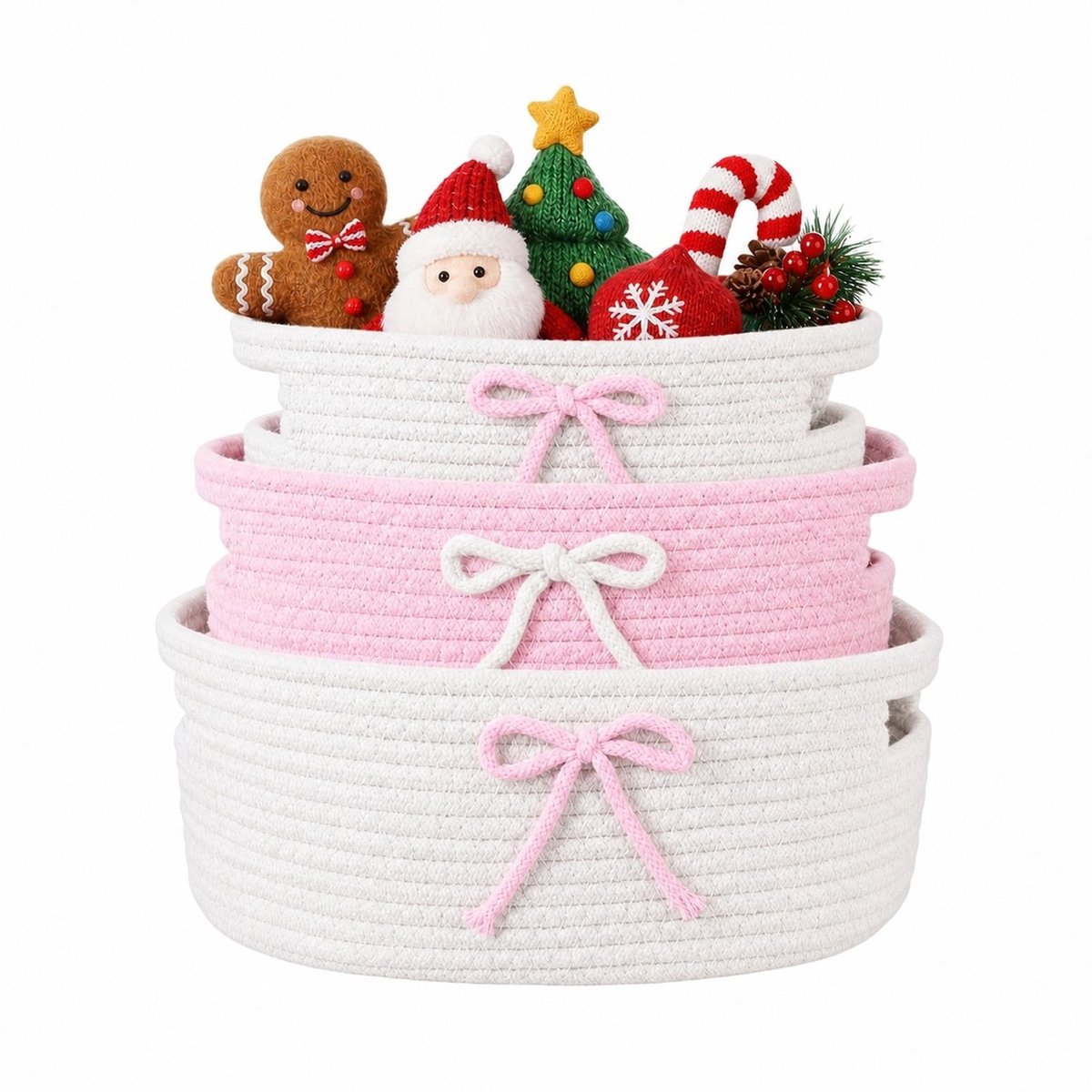 Omgoods - Set van 3 Gevlochten Katoenen Opbergmanden - Roze Speelgoed- en Cadeaumanden met Handgrepen