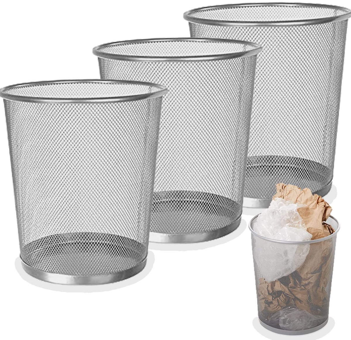 SnelShoppen - 3 Stuks Metaal Prullenbak 12L | Papierbak Set Metaal Gaas 12 Liter voor Kantoor, Slaapkamer en Badkamer, Hoogte 26,5 cm, Opening 23,5 cm