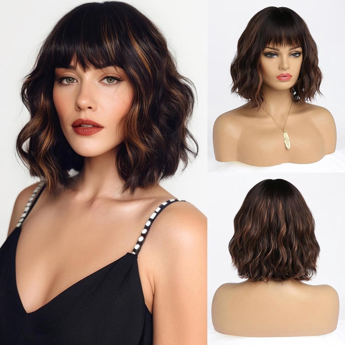 SnelShoppen - Korte Bob Perook met Pony voor Vrouwen, Natuurlijke Synthetische Haar, Kleurrijk, Dagelijks, Feest, Halloween, Cosplay, Golvend Krullend