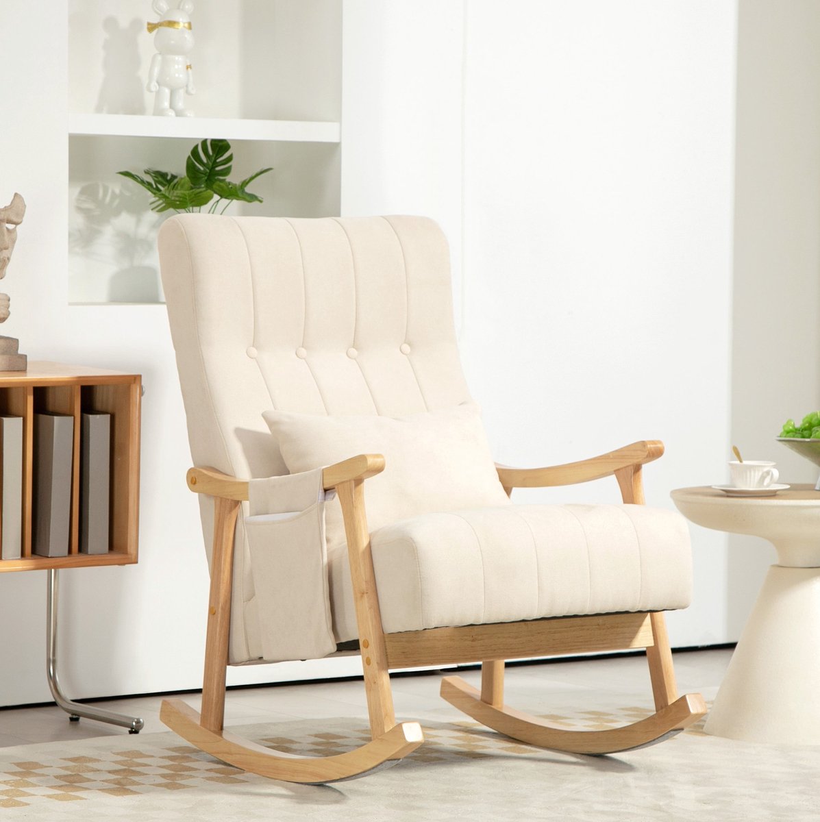 COVREO Schommelstoel 65x90x98 cm beige, houten frame met zijtas