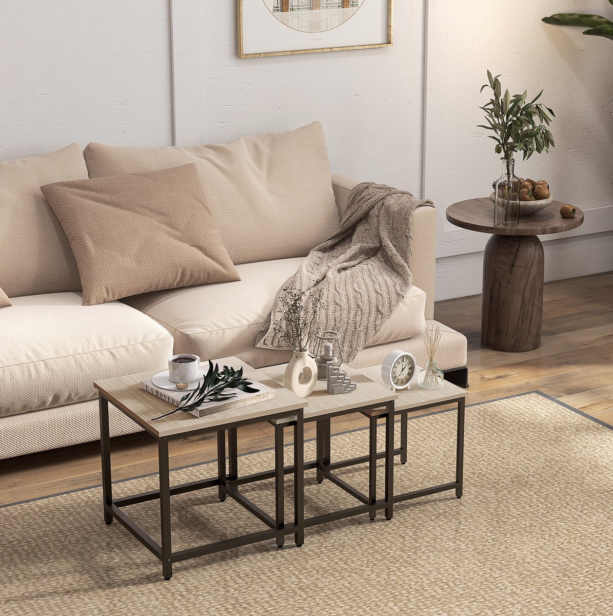 COVREO Salontafel 45x45x44 cm naturel, staal en spaanplaat set van 3