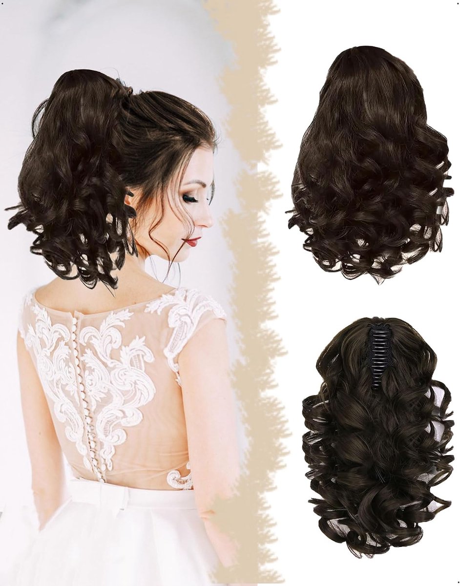 30 cm paardenstaart haarverlenging met koord, kort clip, natuurlijk gekruld, golvend, synthetisch, gekruld - ShopVlot