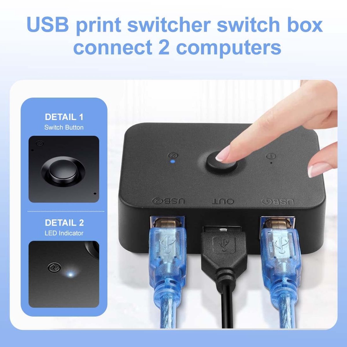 USB printerswitch 2 poorten - handmatige schakelaar - met LED-lampje - deel 1 printer voor 2 computers - ShopVlot
