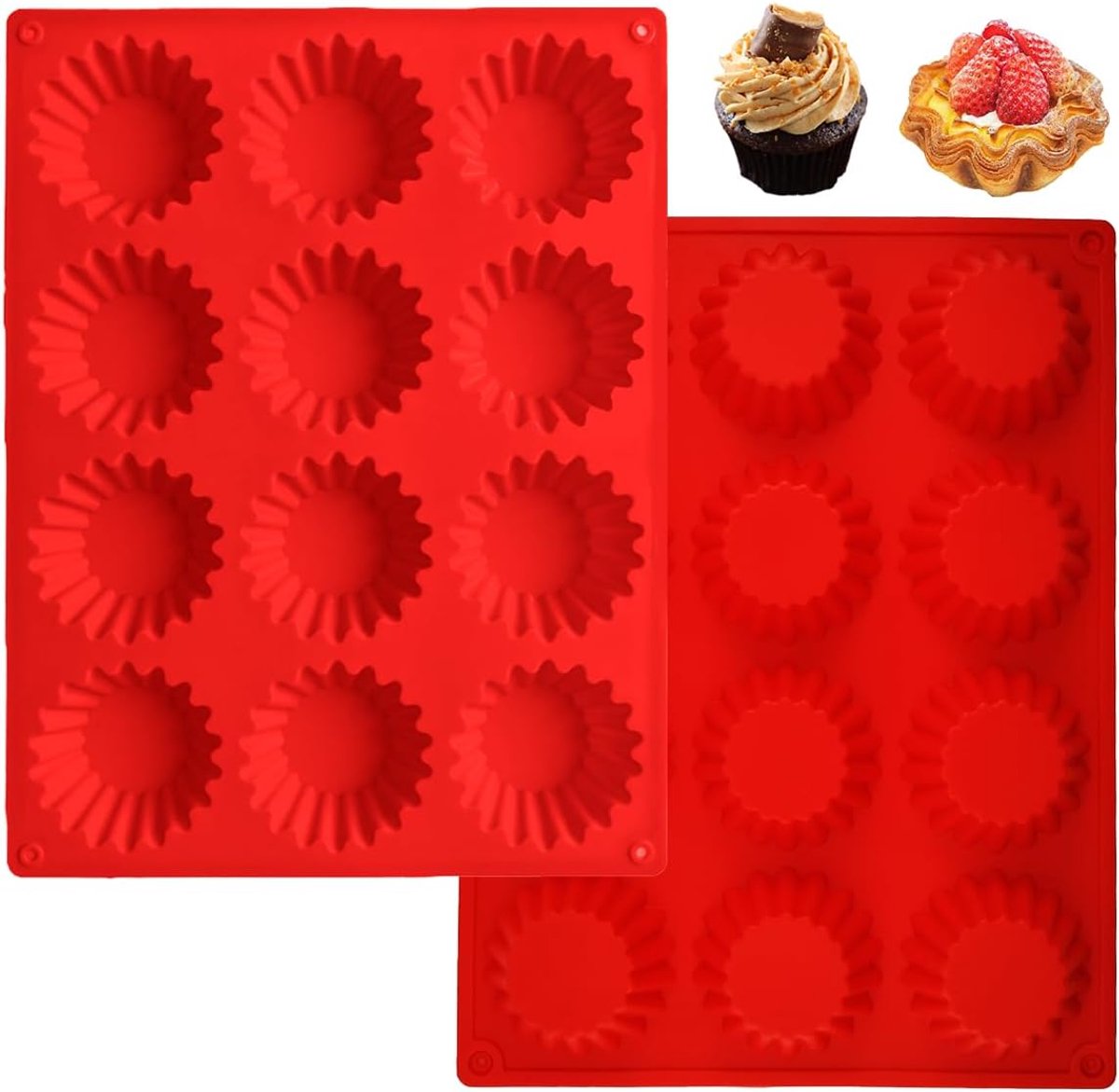 SnelShoppen - 2-delige Muffin Bakvorm Herbruikbaar met 12 Caviteiten, 24 Cupcake Bakvorm | Siliconen Mini Cakevorm, Non-Stick Coating, Bakgerei Rond,