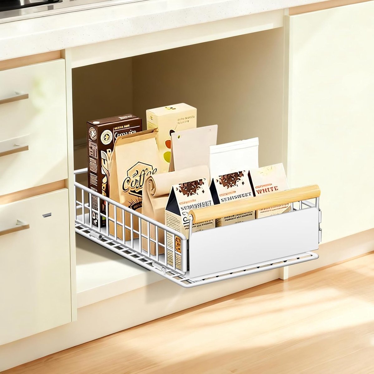 SnelShoppen - Uittrekbare Lade voor Keuken 1 Stuk, Telescopisch Laden Systeem zonder Boren, tot 25 kg, Lade Organizer voor Diepe Kasten, Wit, 39.5x23.