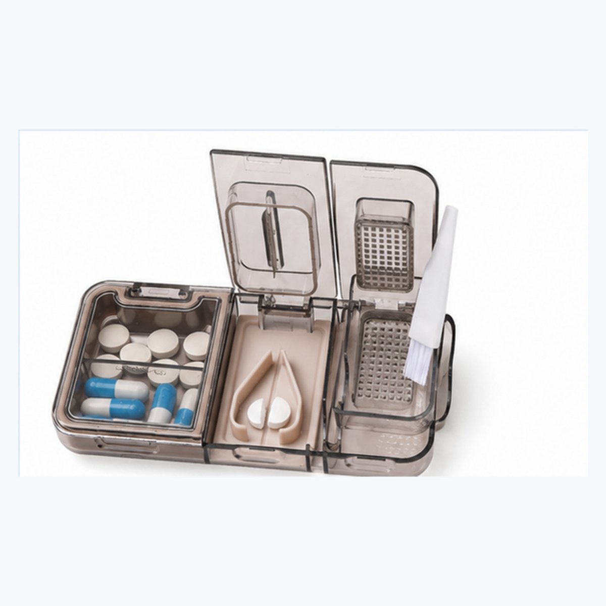 Bobypet - Pillensnijder & Pillenmaler - 3-in-1 Medicijnsnijder met Opbergvak - RVS Mesje & Schoonmaakborsteltje voor Vitamines en Pillen - Zwart