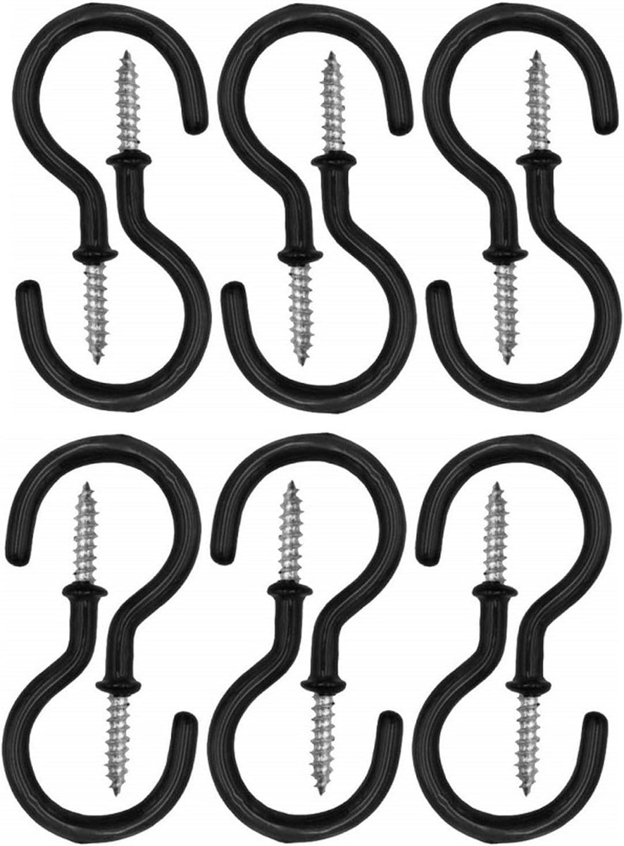 SnelShoppen - Set van 12 Grote Schroefhaken, Plafondhaken, Ooghaken, Sleutelhangers, Zwart, Robuust en Roestvrij, Voor Binnen en Buiten Gebruik