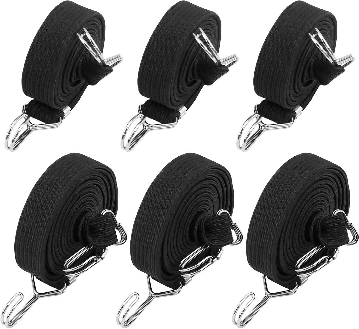 SnelShoppen - 6 Stuks Verstelbare Rekrubber met Haken Zwart 2m en 3m Bagage Spanband, Platte Rubber Tensioner, Expander met Haken voor Fiets Motorfiet