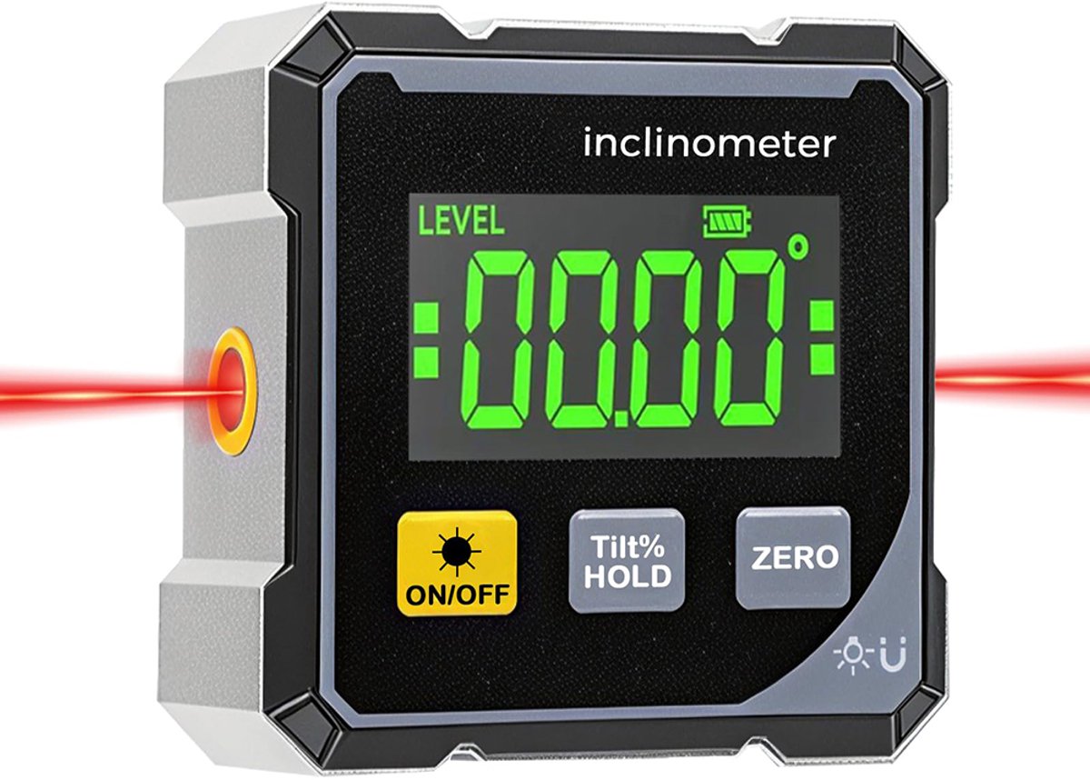 Digitale laserhoekmeter - Met laser - Digitale hellingshoekmeter - Vierzijdig magnetisch - Met lcd-display - USB oplaadbaar - Magnetisch - Geschikt voor houtbewerking, bouw en decoratie - Zwart/grijs