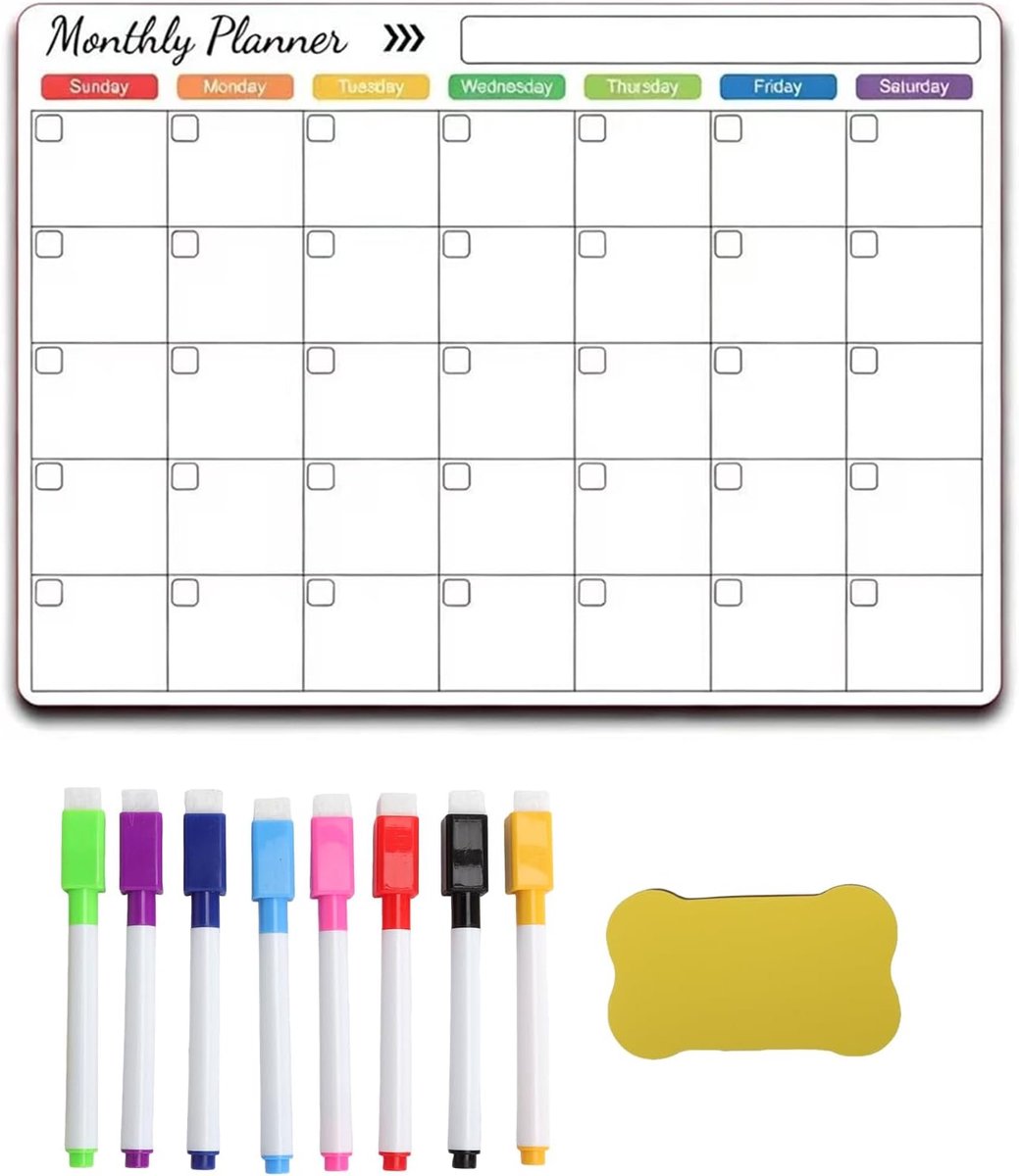 SnelShoppen - Magnetische Maand Planner Afwasbaar 42x30cm, Whiteboard Kalender voor Koelkast, Herbruikbaar Planningsbord met 8 Stiften en Gum, Gezinsp