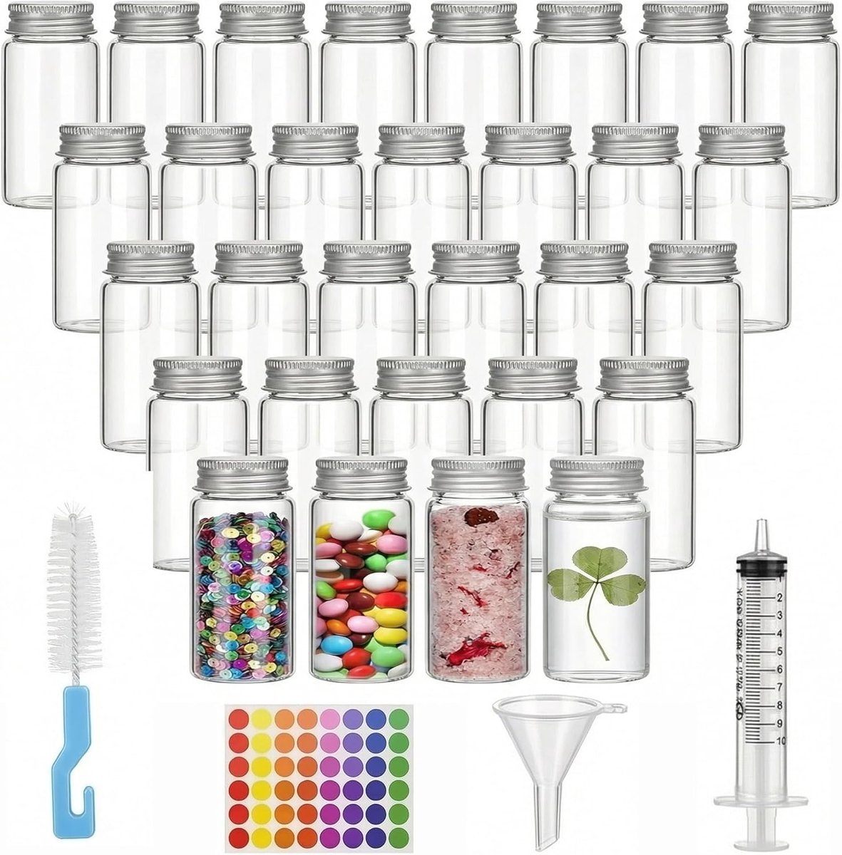 SnelShoppen - 30 Stuks Testbuizen met Deksel, 30ml Kleine Glazen Tubes met Schroefdop, Transparante Glazen Flesjes voor Snoep, Badzout, Parels, Sensor