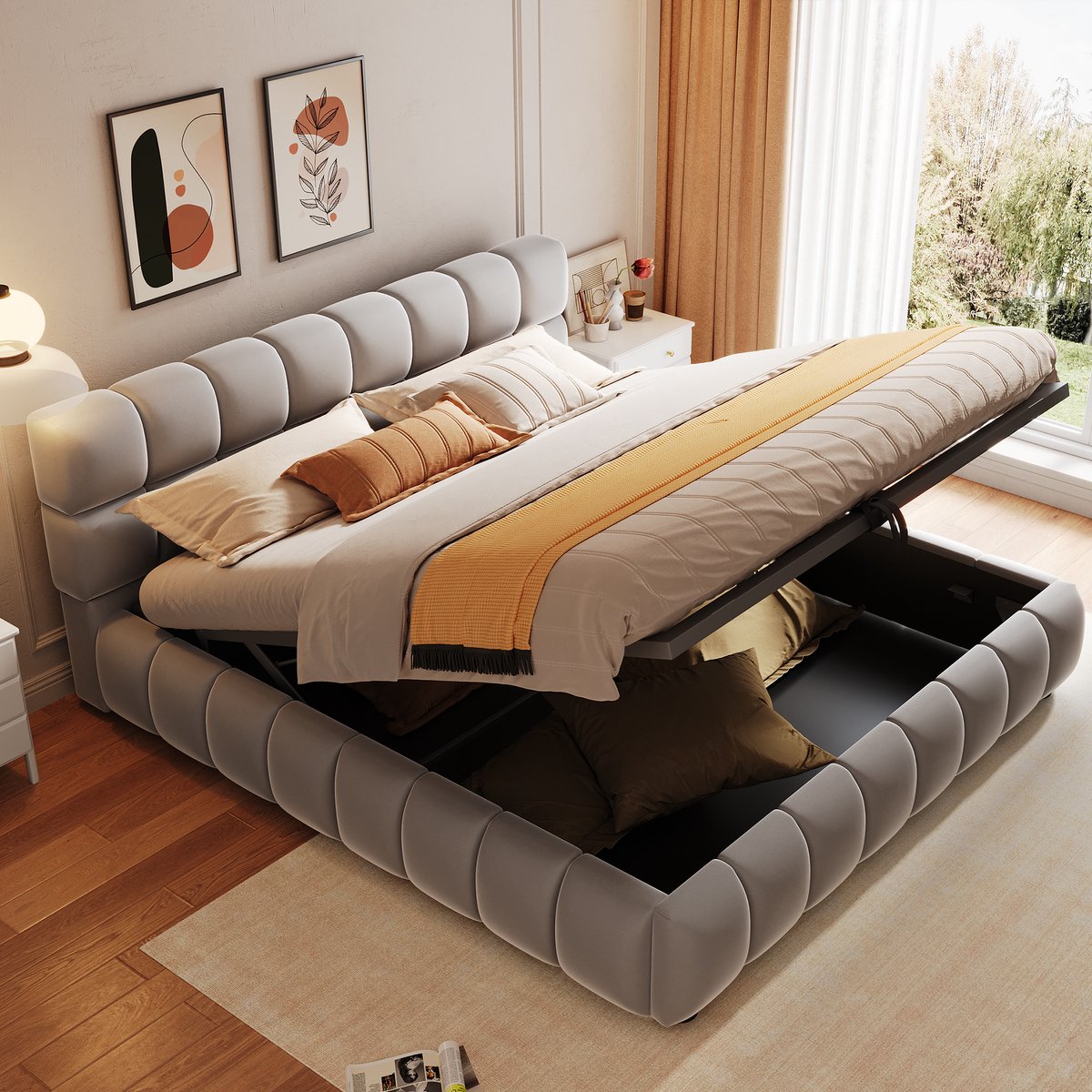 Gestoffeerd bed 140x200 cm - Met hydraulische opbergruimte en weelderige fluwelen bekleding - Grijs - Extra dik hoofdeinde en zijpanelen - Verzonken matras voor stabiliteit