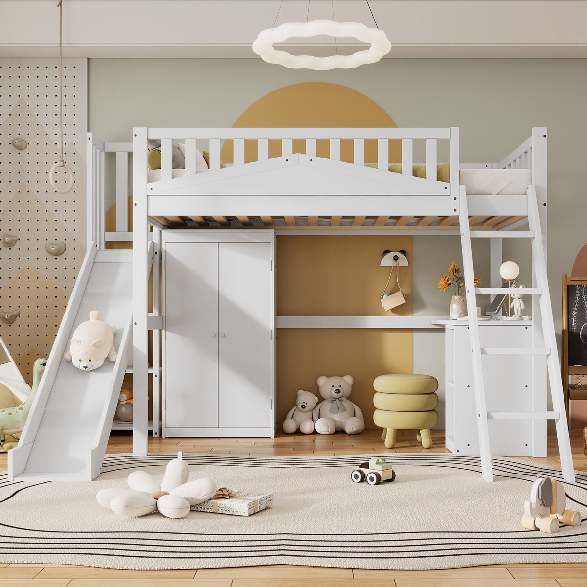Kinderhoogbed met glijbaan, bureau en kledingkast - 90x200 cm - Wit - Veilige vierzijdige omheining en 4-treeds ladder - EN747-gecertificeerd - Massief grenen frame met MDF en multiplex