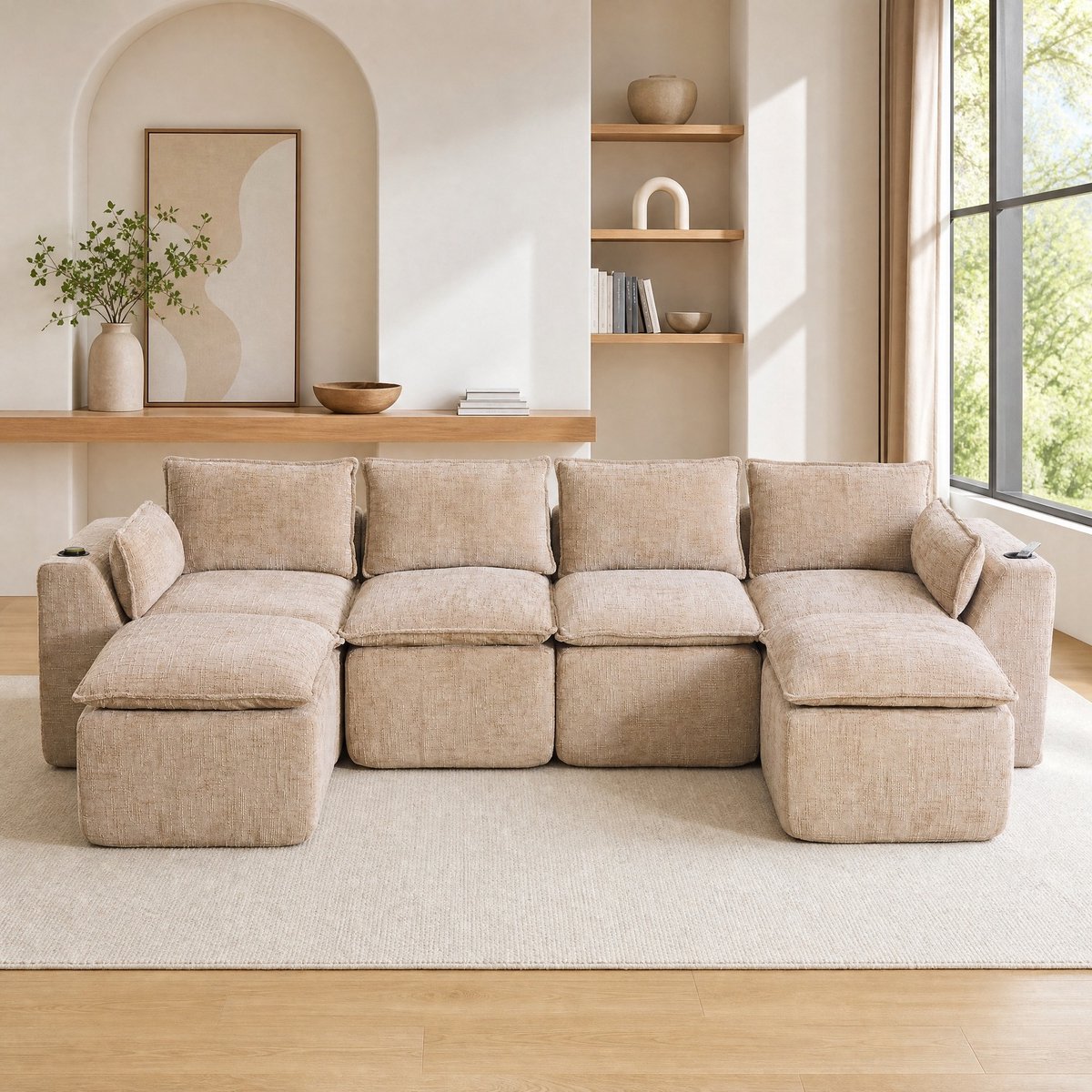 MODENUIT Hoekbank 322 x 161 cm - Vrij Combineerbaar Met 2 Voetbanken en Zijvakken - Woonkamer - Chenille Khaki