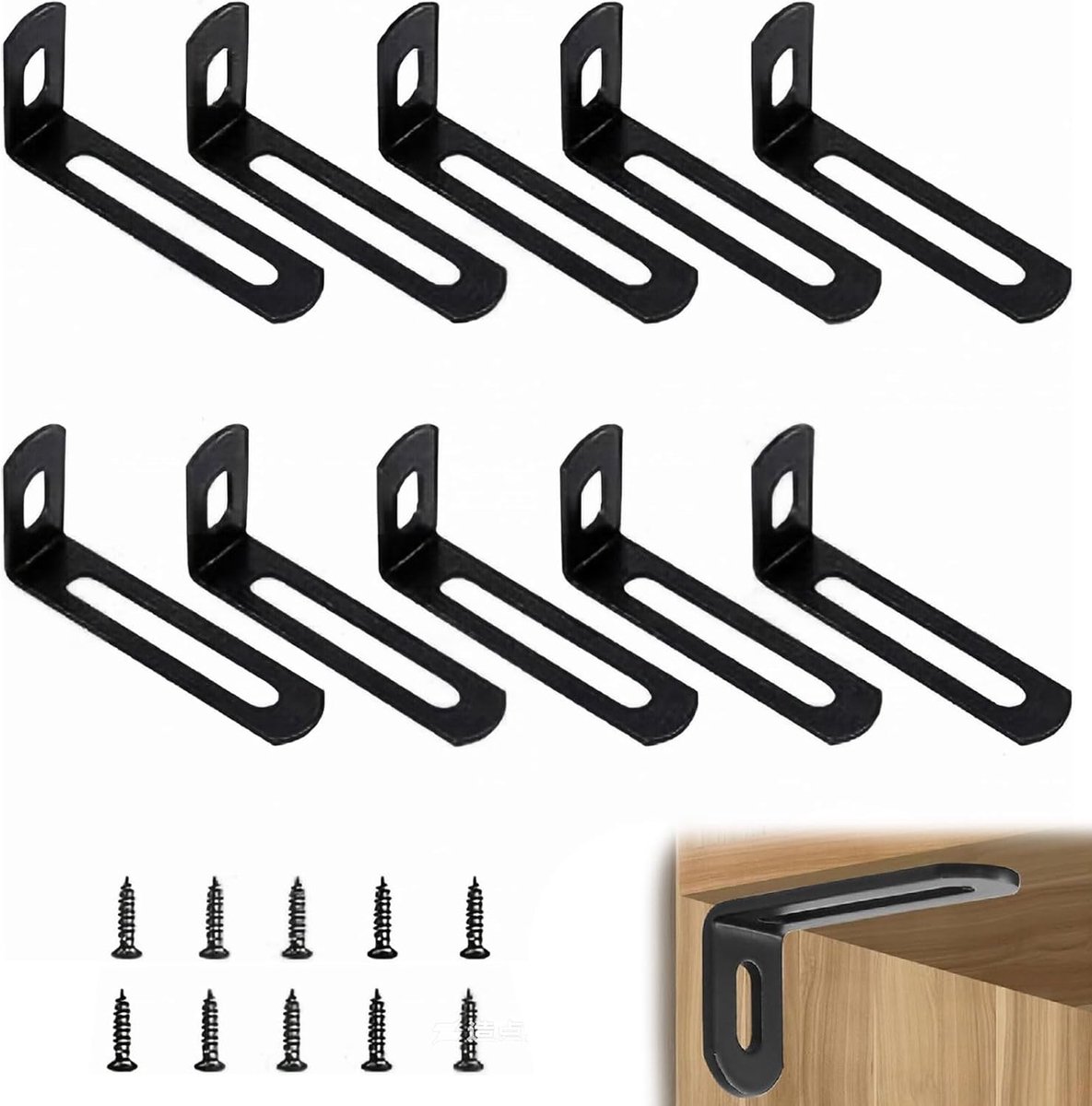 SnelShoppen - Hoekbeugels Verstelbaar IJzer 10 Stuks Zwart L-vorm 50x24x12mm voor Montage Houten Meubels en Kasten