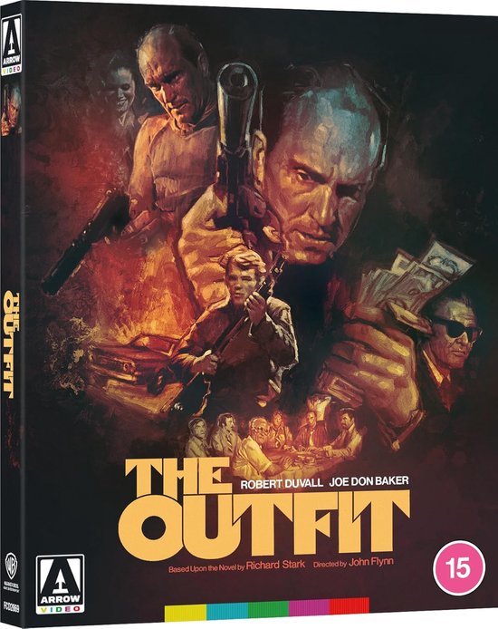 De poster van de film The Outfit toont Robert Duvall en Joe Don Baker, met een auto en geld.
