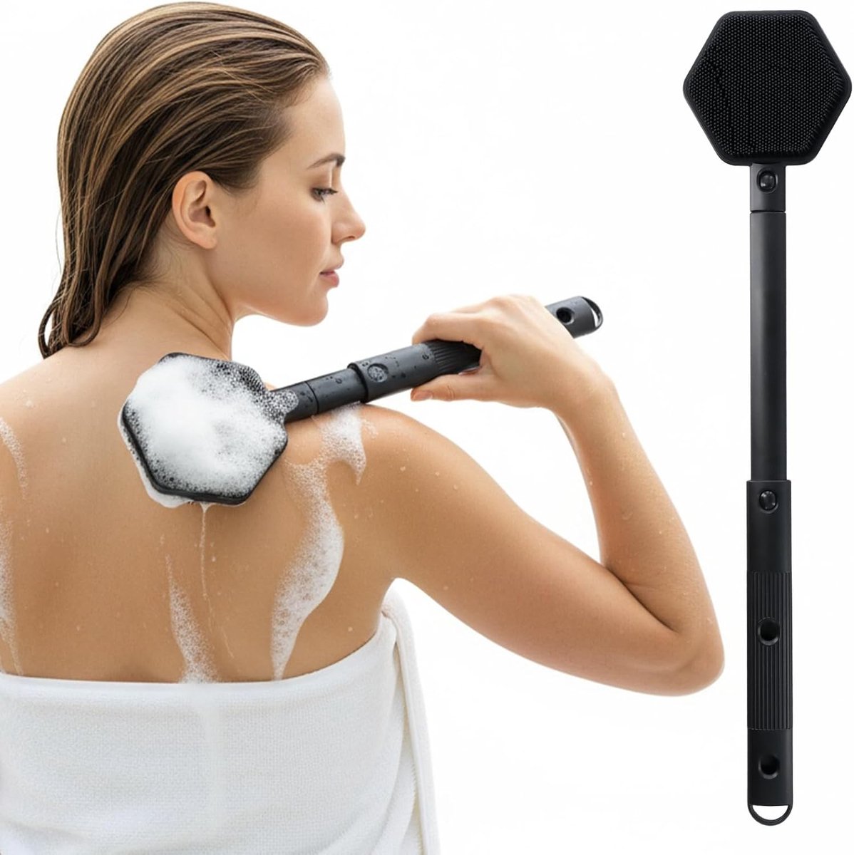 Douche rugschrobber 53cm - afneembare dubbele zijde - verstelbare antislip handgreep - exfoliërende lichaamsborstel - ShopVlot